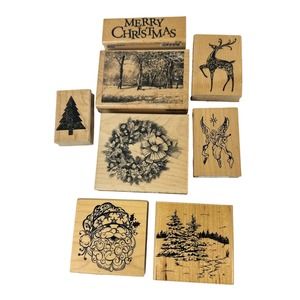 Paper Craft Mixed Christmas Wood Rubber Stamp Lot Cards Scrapbooking Art